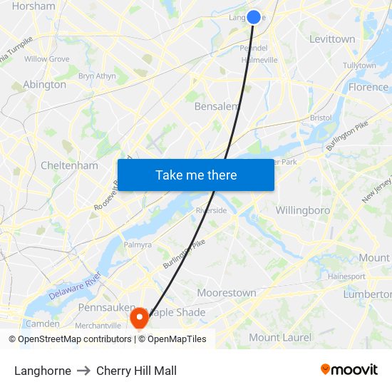 Langhorne to Cherry Hill Mall map