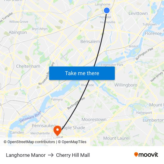 Langhorne Manor to Cherry Hill Mall map
