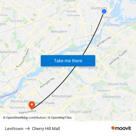 Levittown to Cherry Hill Mall map