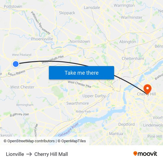Lionville to Cherry Hill Mall map