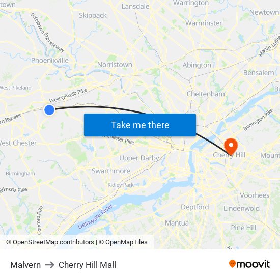 Malvern to Cherry Hill Mall map