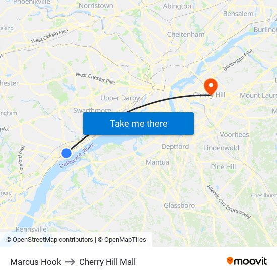 Marcus Hook to Cherry Hill Mall map