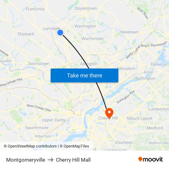 Montgomeryville to Cherry Hill Mall map