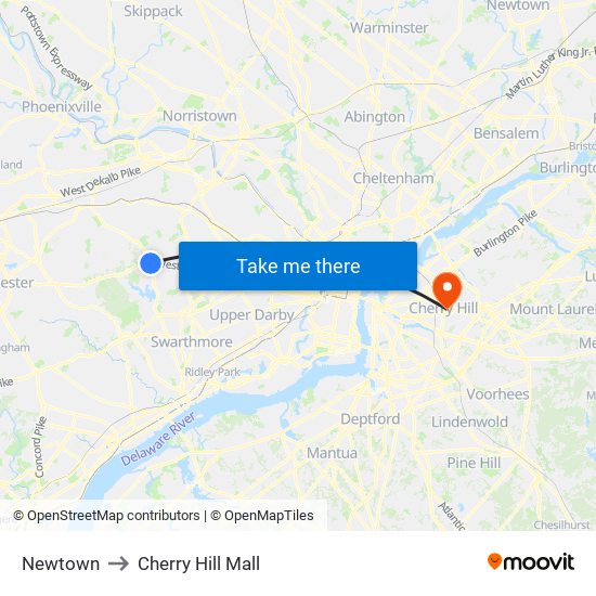 Newtown to Cherry Hill Mall map