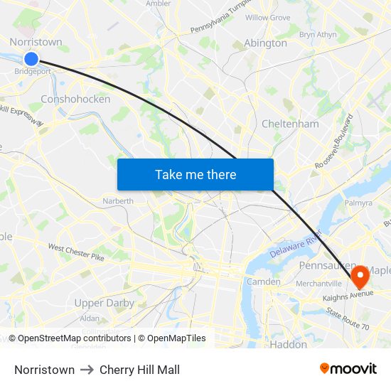 Norristown to Cherry Hill Mall map