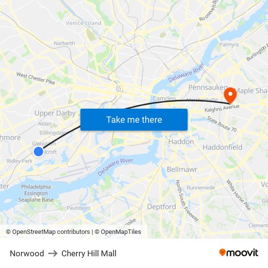 Norwood to Cherry Hill Mall map