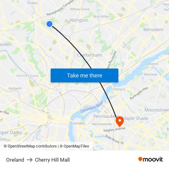 Oreland to Cherry Hill Mall map