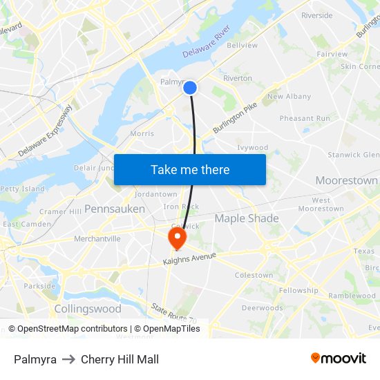 Palmyra to Cherry Hill Mall map