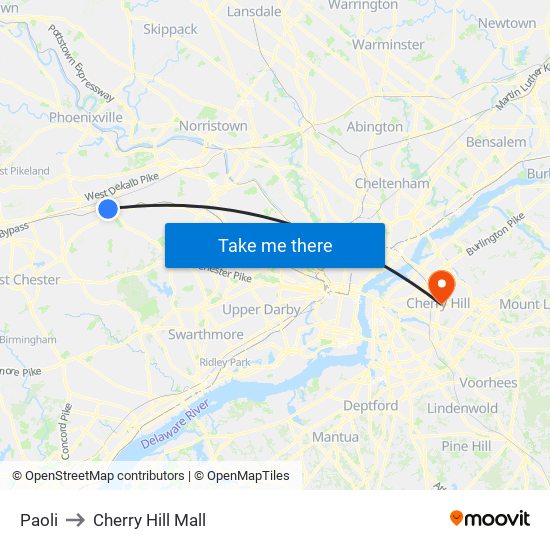 Paoli to Cherry Hill Mall map