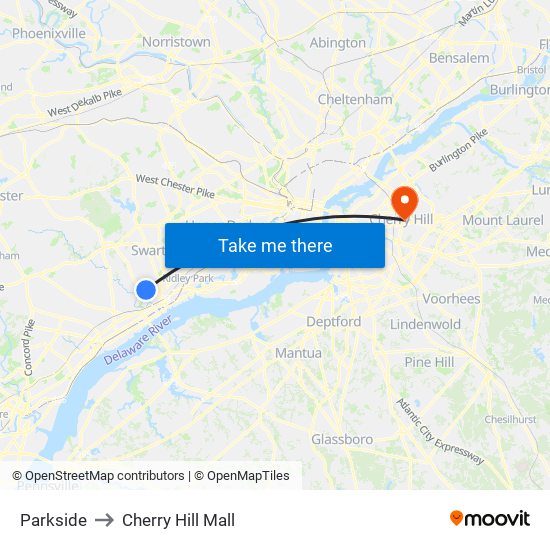 Parkside to Cherry Hill Mall map