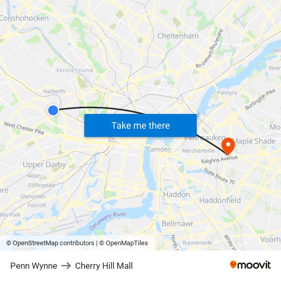 Penn Wynne to Cherry Hill Mall map