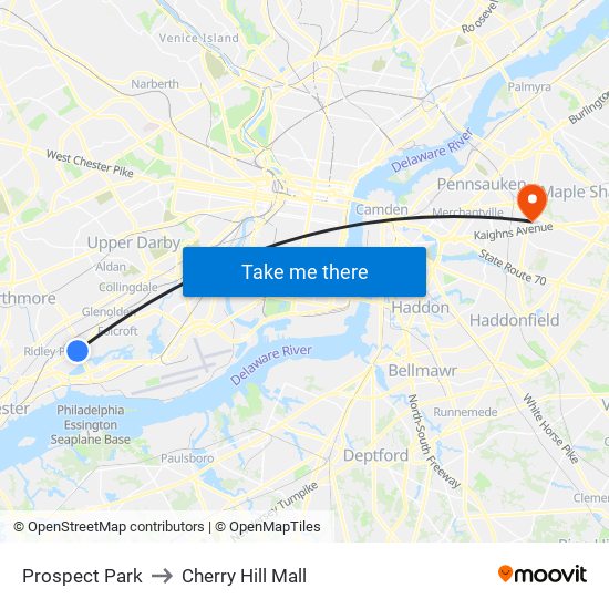 Prospect Park to Cherry Hill Mall map
