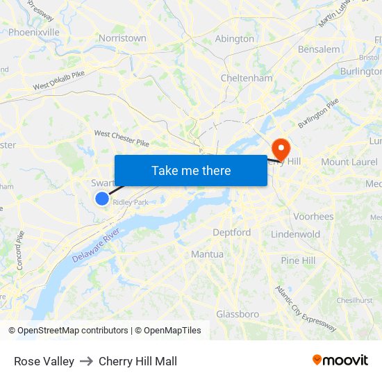 Rose Valley to Cherry Hill Mall map