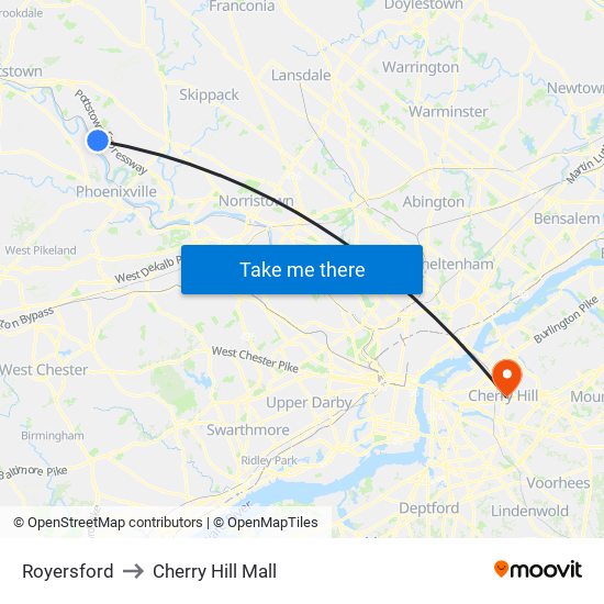 Royersford to Cherry Hill Mall map