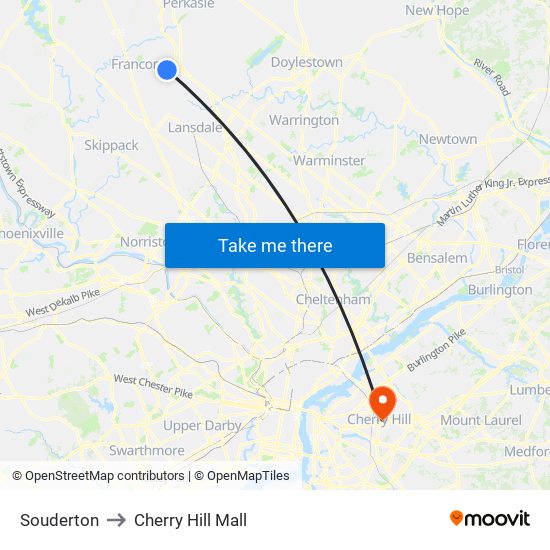 Souderton to Cherry Hill Mall map