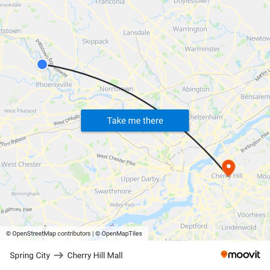 Spring City to Cherry Hill Mall map