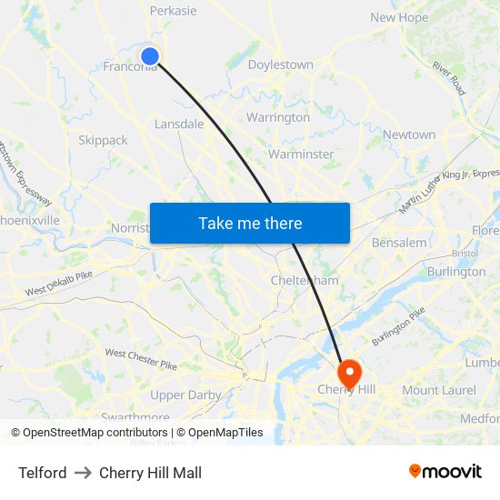 Telford to Cherry Hill Mall map