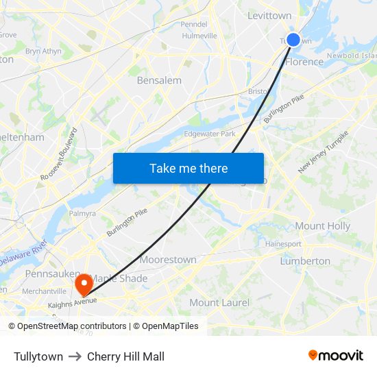 Tullytown to Cherry Hill Mall map