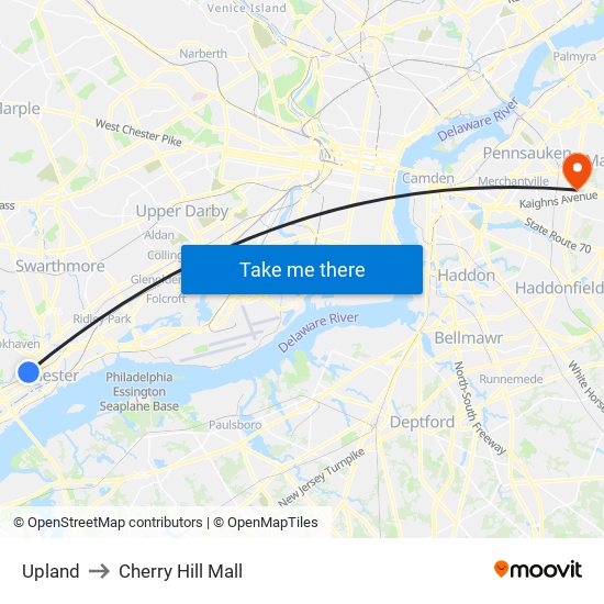 Upland to Cherry Hill Mall map