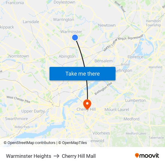 Warminster Heights to Cherry Hill Mall map