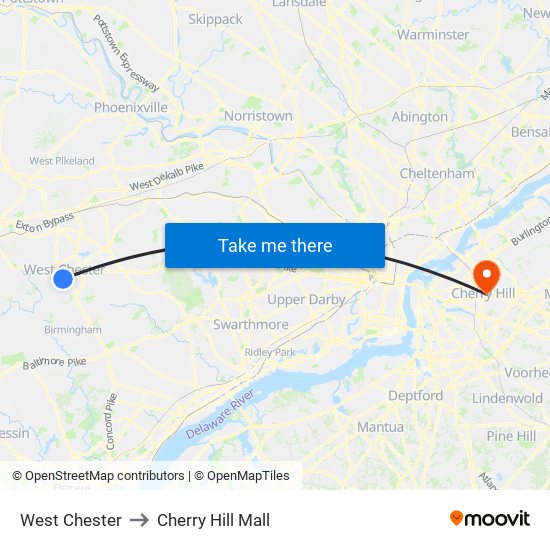 West Chester to Cherry Hill Mall map