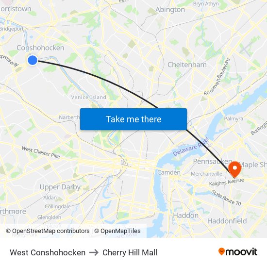 West Conshohocken to Cherry Hill Mall map