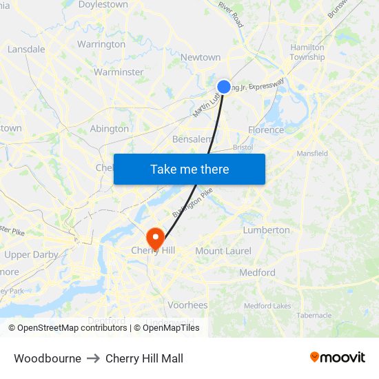 Woodbourne to Cherry Hill Mall map