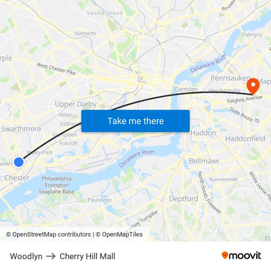 Woodlyn to Cherry Hill Mall map