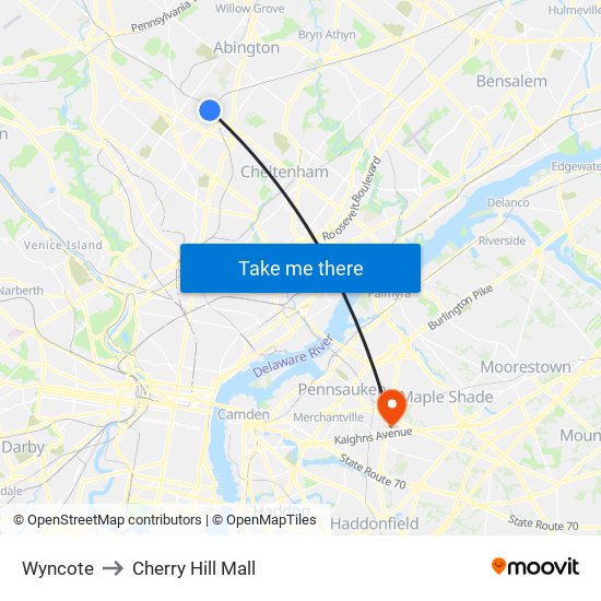 Wyncote to Cherry Hill Mall map