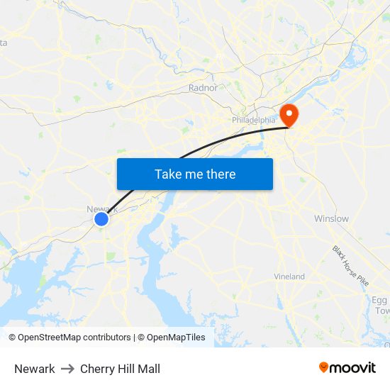 Newark to Cherry Hill Mall map