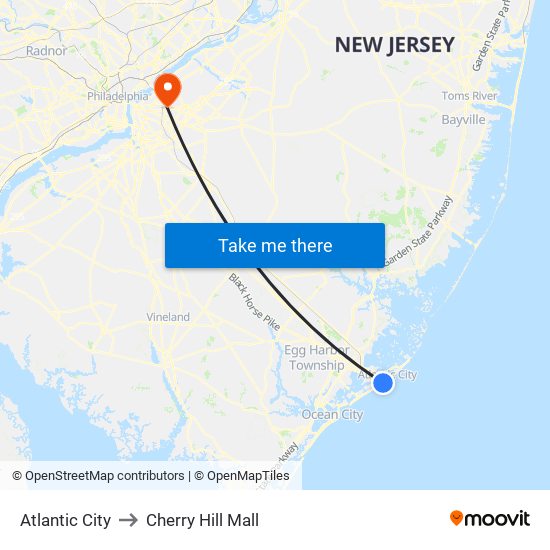 Atlantic City to Cherry Hill Mall map