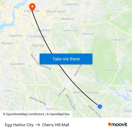 Egg Harbor City to Cherry Hill Mall map