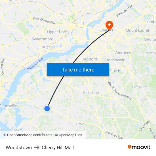 Woodstown to Cherry Hill Mall map