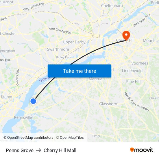 Penns Grove to Cherry Hill Mall map