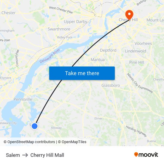 Salem to Cherry Hill Mall map