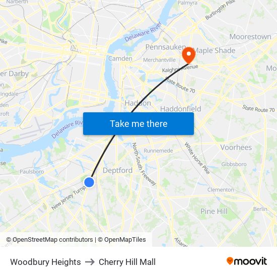 Woodbury Heights to Cherry Hill Mall map