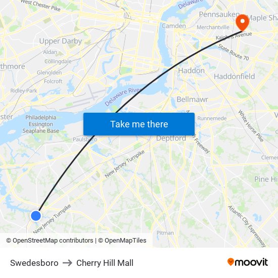 Swedesboro to Cherry Hill Mall map