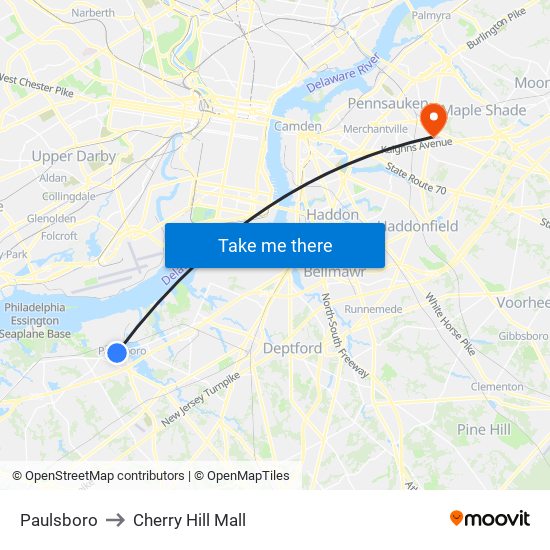 Paulsboro to Cherry Hill Mall map