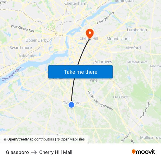 Glassboro to Cherry Hill Mall map