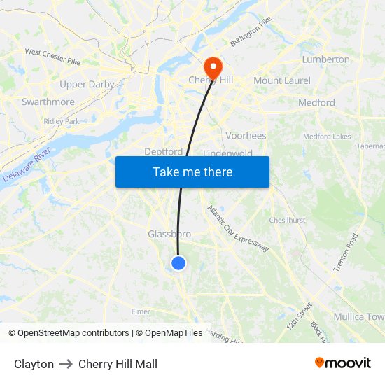 Clayton to Cherry Hill Mall map