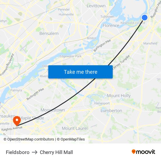 Fieldsboro to Cherry Hill Mall map