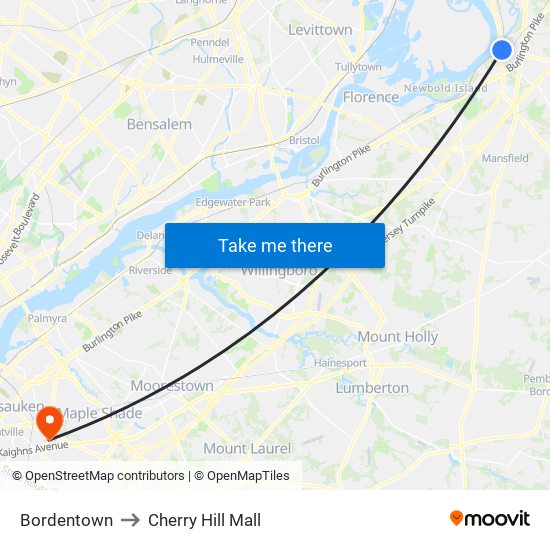 Bordentown to Cherry Hill Mall map