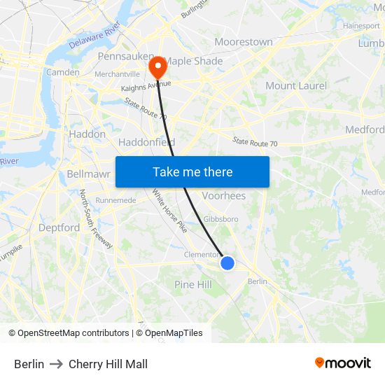 Berlin to Cherry Hill Mall map
