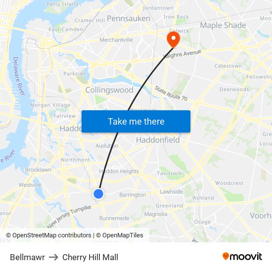 Bellmawr to Cherry Hill Mall map