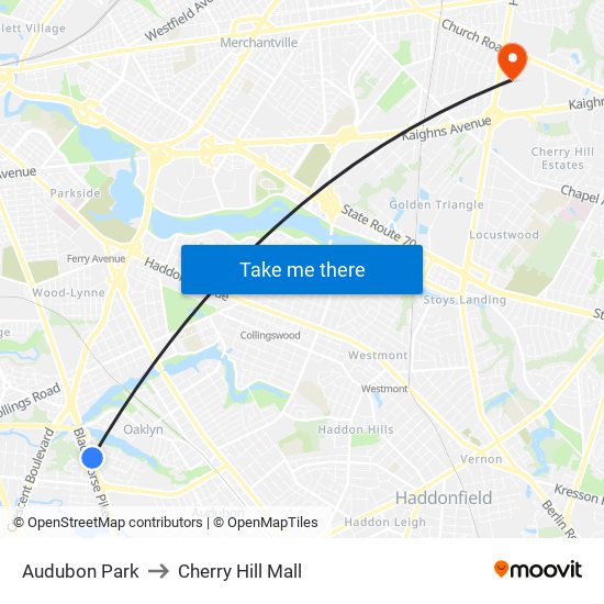 Audubon Park to Cherry Hill Mall map