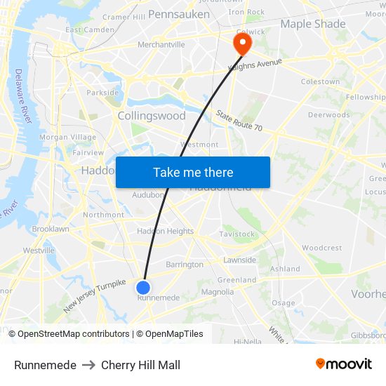 Runnemede to Cherry Hill Mall map