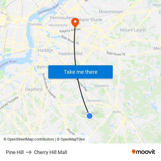 Pine Hill to Cherry Hill Mall map