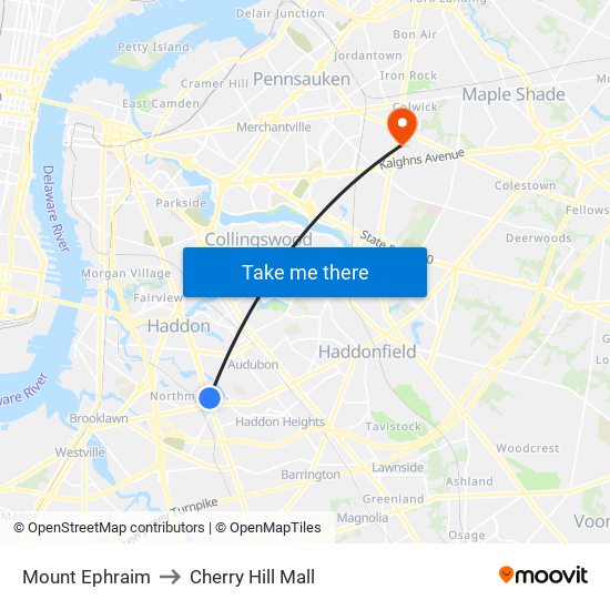 Mount Ephraim to Cherry Hill Mall map