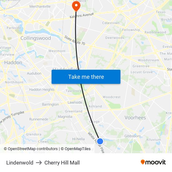 Lindenwold to Cherry Hill Mall map