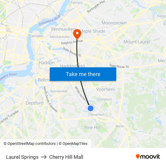 Laurel Springs to Cherry Hill Mall map